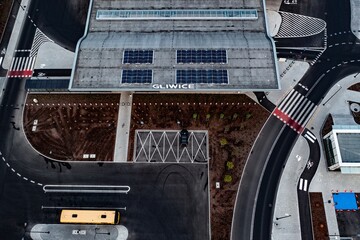Aerial photo from a drone of the Interchange Center in Gliwice. Public transportation stop. Gliwice, Silesia, Poland.