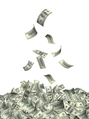 Flying banknotes of hundred dollars. Isolated on white background. 3d render