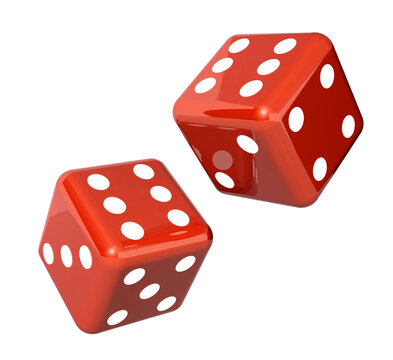 Falling red dice for gambling. Isolated on white background. 3d render