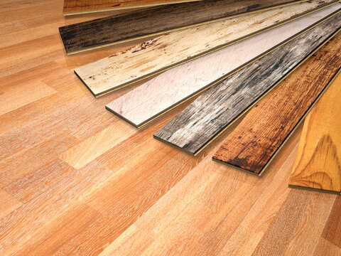 New planks of oak parquet of different colors with rustic texture on wooden floor. 3d render