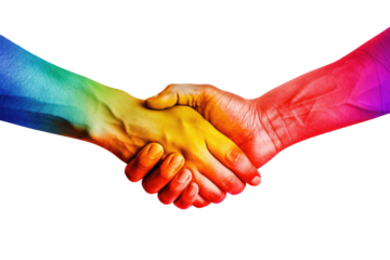 Handshake of two hands in LGBT colors, rainbow colors, tolerance, isolated, generative ai