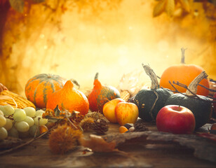 Naklejka na ściany i meble Autumn nature concept. Fall fruit and vegetables on wood. Thanksgiving dinner
