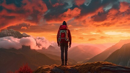 Man standing on top of a mountain with a backpack on his back and a sunset in the background behind him, with a red sky and orange clouds and a red hued - obrazy, fototapety, plakaty
