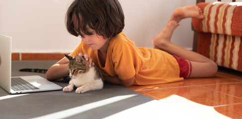 boy plays with a cat during an online lesson. home schooling.