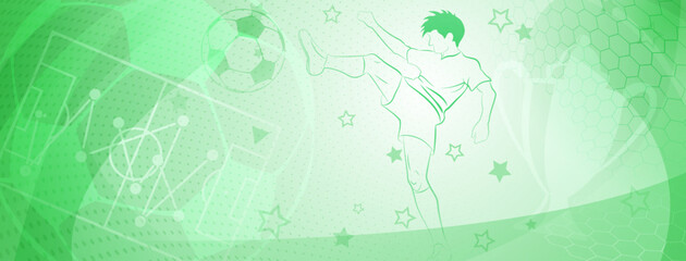 Abstract soccer background with a football player kicking the ball and other sport symbols in green colors