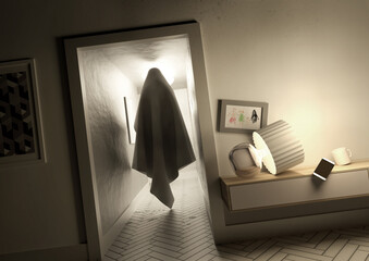 A creepy mysterious ghost spirit moving silently across a hallway inside a family home. 3D...