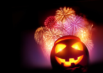 Halloween fireworks party with a glowing pumpkin, October celebrations!