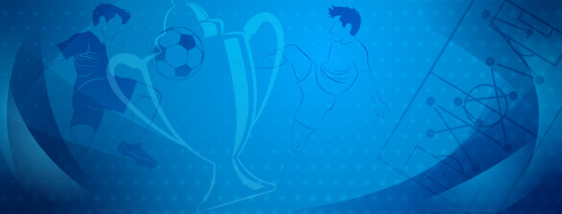 Abstract soccer background with a football players kicking the ball and other sport symbols in blue colors