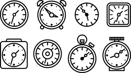 Clock face linear icon set. Time scale. Vector thin line icons isolated on white background. Alarm clock, stopwatch, watch, wall clock logo design