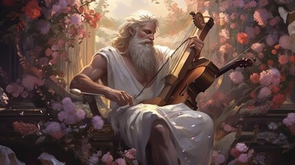 An enchanting concept art piece featuring Apollo, the Greek god known for his wisdom, portrayed as a bearded and mature figure in his thirties. Created with Generative AI. - obrazy, fototapety, plakaty