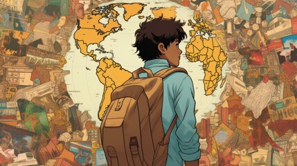 An illustrated depiction of a curious teenager, wearing a backpack, embarking on an exciting adventure to explore various countries. Created with Generative AI.