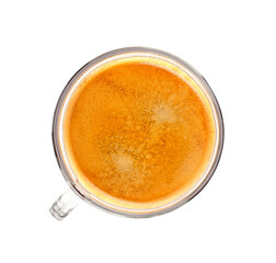 Cup of morning aromatic coffee top view, isolated on white background.