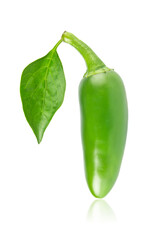 Fresh jalapeno pepper with green leaf, isolated on white background.