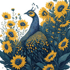 Watercolor pattern with sunflower bouquets, butterflies and  bird and tropical leaves