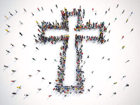 Many people together to create the shape of a crucifix. 3D Rendering