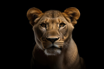 Obraz na płótnie Canvas lioness, front view, black background, hyperrealistic photography, ai generated