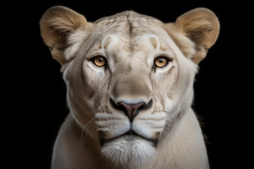 Fototapeta premium lioness, front view, black background, hyperrealistic photography, ai generated.