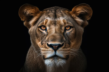 Fototapeta na wymiar lioness, front view, black background, hyperrealistic photography, ai generated.