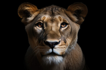 lioness, front view, black background, hyperrealistic photography, ai generated.