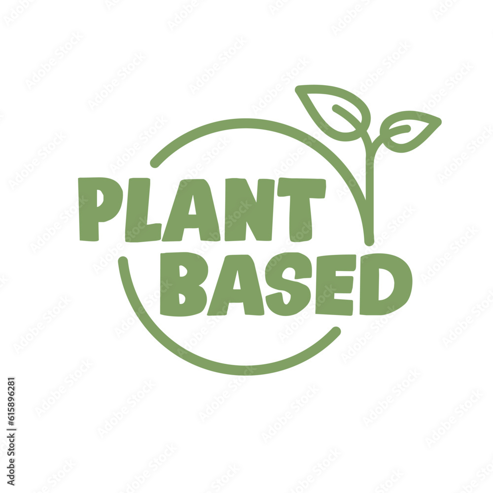 Wall mural plant based label. text inside a circle with leaves around. vegan friendly badge.