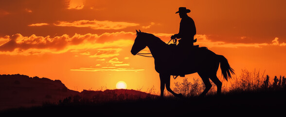 Fototapeta na wymiar Cowboy riding a horse into sunset, only silhouette visible against orange sky. Banner, copy space for text left side. Generative AI