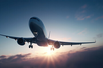 Fototapeta premium Landing airplane on a sunset sky background. Top down view. Golden our.