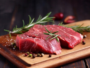 raw beef steak on a cutting board with herbs. Generative AI