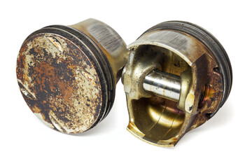 engine pistons from both sides. flat head surface full of sludge deposits. piston pin inserted showing from bottom side. on white background, with clipping path