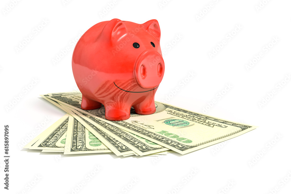 Poster 3d rendering of a red piggy bank over dollar notes