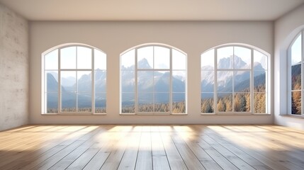 Fototapeta premium Light empty modern room with a mountain landscape in the window. AI generation 