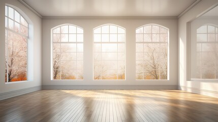 Fototapeta premium Light empty modern room with a spring landscape in the window. AI generation 