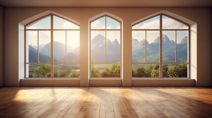 Light empty modern room with a mountain landscape in the window. AI generation	
