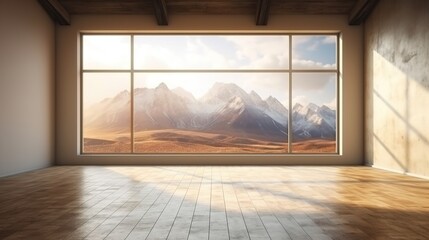 Light empty modern room with a mountain landscape in the window. AI generation	
