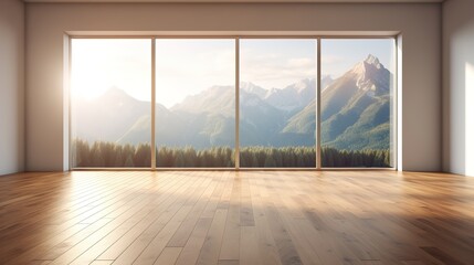 Light empty modern room with a mountain landscape in the window. AI generation	
