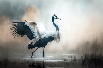Fototapeta premium A red-crowned crane gracefully evolving in a marsh of soft, misty tones; a specific work of art evoking the fluid elegance of water. Generative AI