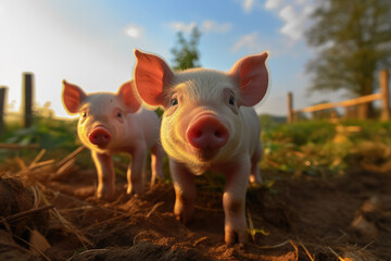 piggies looking at the camera, beautiful background, farm background, ai generated.