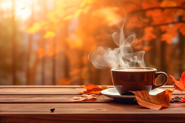 Cup of coffee on a wooden table with an autumn background - obrazy, fototapety, plakaty