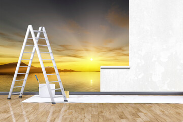 3d render of redecorate a room with a photo mural sunset