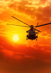 Battle helicopter flying into sunset clouds, silhouette visible only, empty copy space lower part. Generative AI