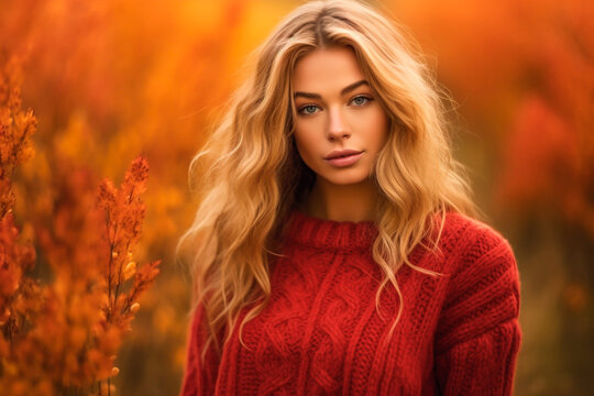 Portrait of a beautiful woman in a red sweater on an autumn background - Powered by Adobe