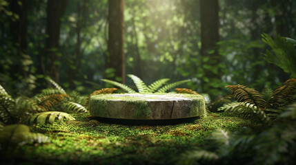 Mossy podium for product exhibition in forest