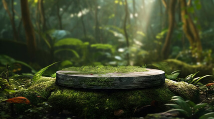 Empty podium for product exhibition in forest