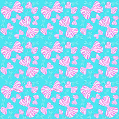 Seamless pattern with pink and blue bows from striped ribbons on a blue background, can be used as a print for textiles, children's and women's clothes and bed-clothes, wrapping paper