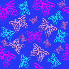 Fototapeta na wymiar Bright, colorful butterflies seamless pattern on a blue background. Template of fabric print for umbrella, childrens and female clothes or notebook cover.