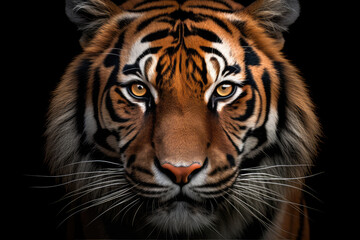 Fototapeta na wymiar tiger, front view, black background, hyperrealistic photography, ai generated.
