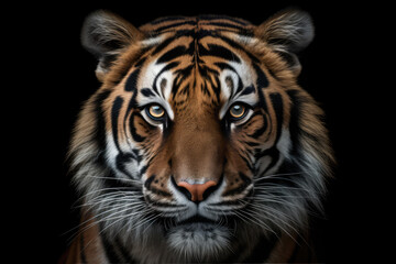 Naklejka premium tiger, front view, black background, hyperrealistic photography, ai generated.