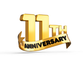 11th or Eleventh anniversary in gold on white background with shadow. 3d illustration