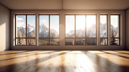 Obraz premium Light empty modern room with a winter mountain landscape in the window. AI generation