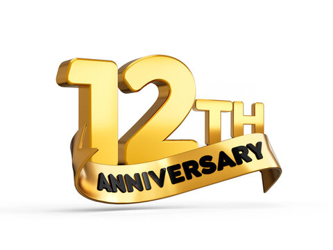 12th or twelveth anniversary in gold on white background with shadow. 3d illustration