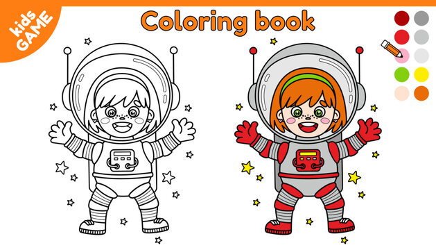 Page of coloring book for kids. Color cartoon astronaut girl with stars in space. Outline cosmonaut girl in galaxy. Educational activity for preschool and school children. Isolated vector design.